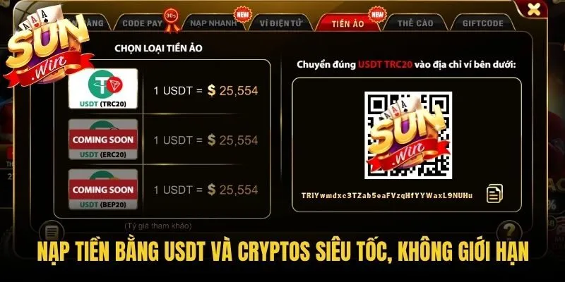 Nạp tiền bằng USDT và Cryptos siêu tốc, không giới hạn